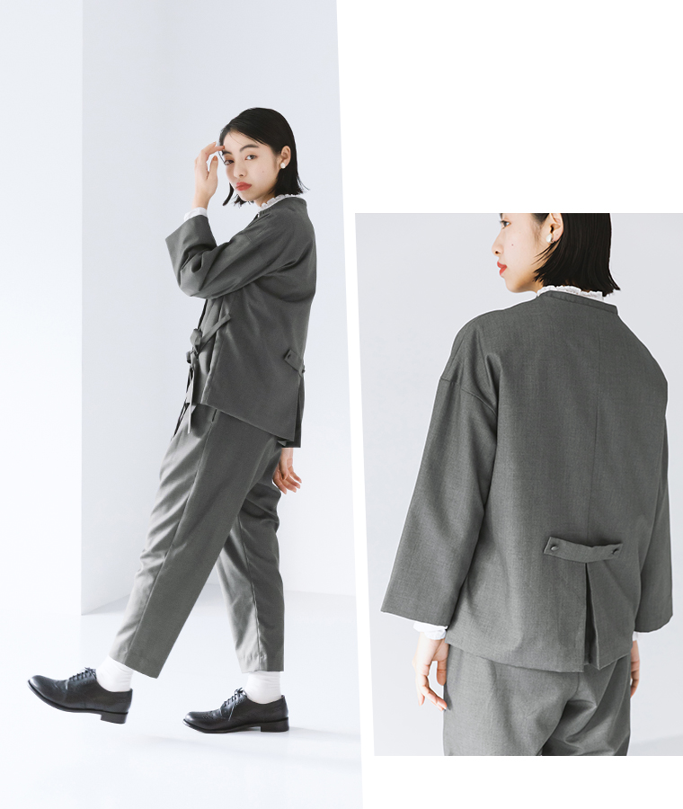 【s.t.closet frabjous】バックタブシャツジャケット+パンツセット　グレーのサイドやバックスタイル