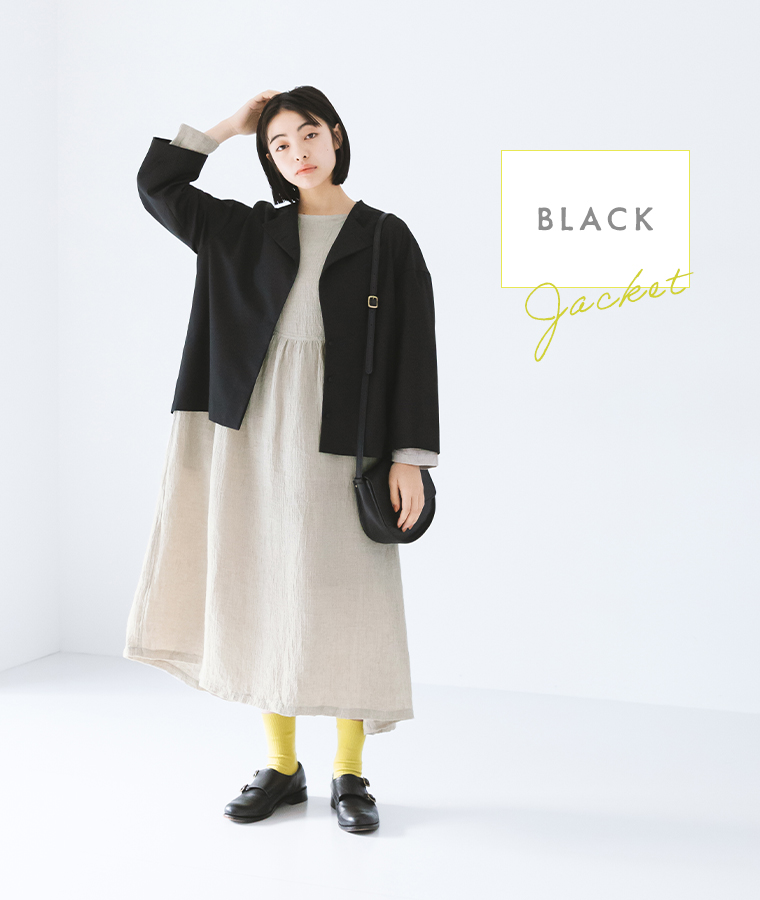 【s.t.closet frabjous】バックタブシャツジャケット+パンツセット　ブラックのジャケットにワンピースを合わせたスタイル
