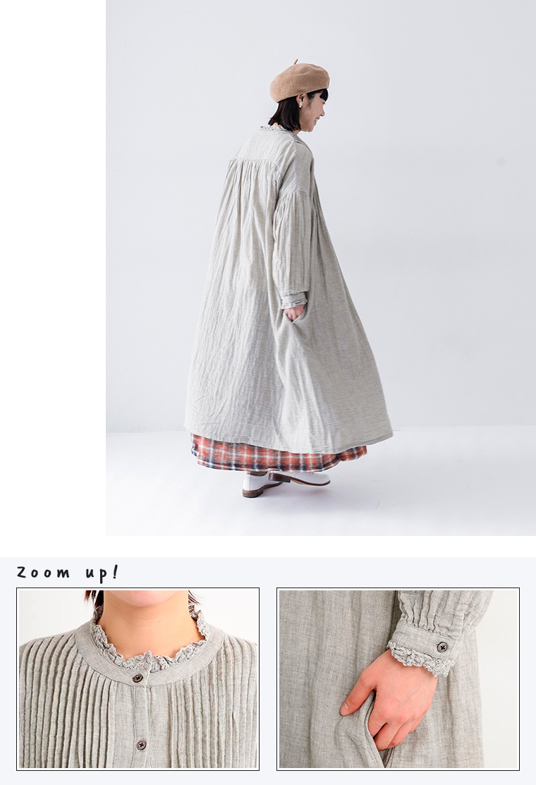【 ubasoku 】襟レースフリル胸元ピンタックパフ袖貝釦ワンピース／後ろカット・ディテール