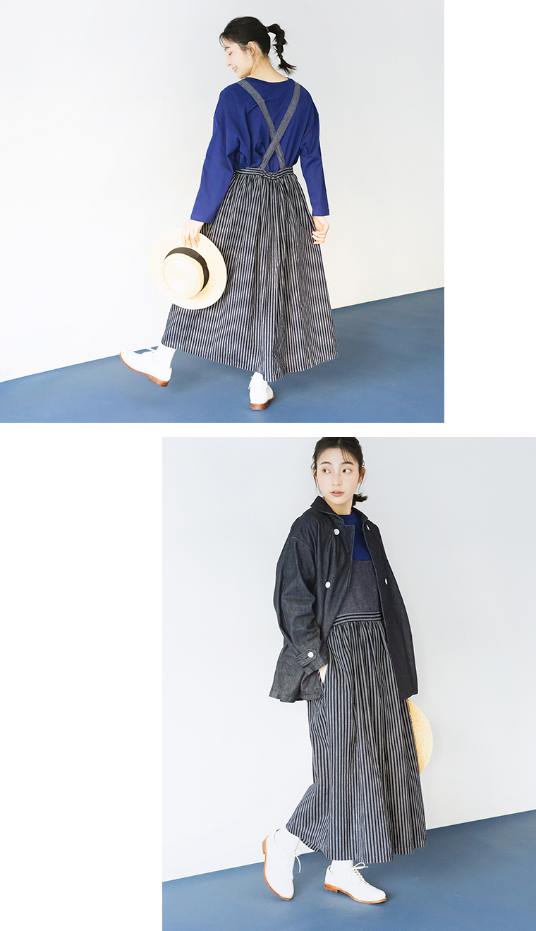 【 GRANDMA MAMA DAUGHTER 】リネンコットンストライプエプロンスカート／後ろカット・アウター羽織り