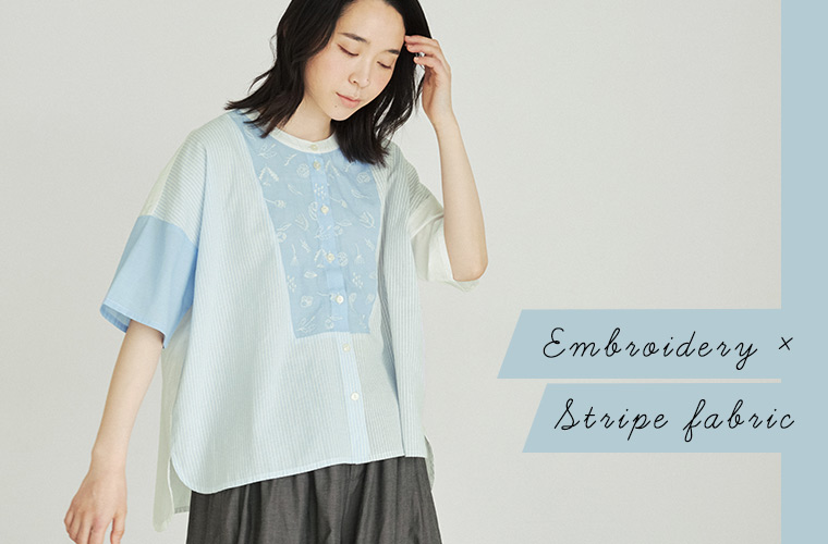 embroidery　×　Stripe fabric　Emago　ストライプ切替え刺繍シャツ（ブルー）