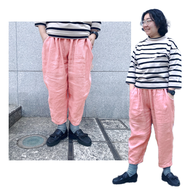 バイヤー松岡　Ista-ire　平織リネン　よくばりパンツ（ピンク）の着こなし
