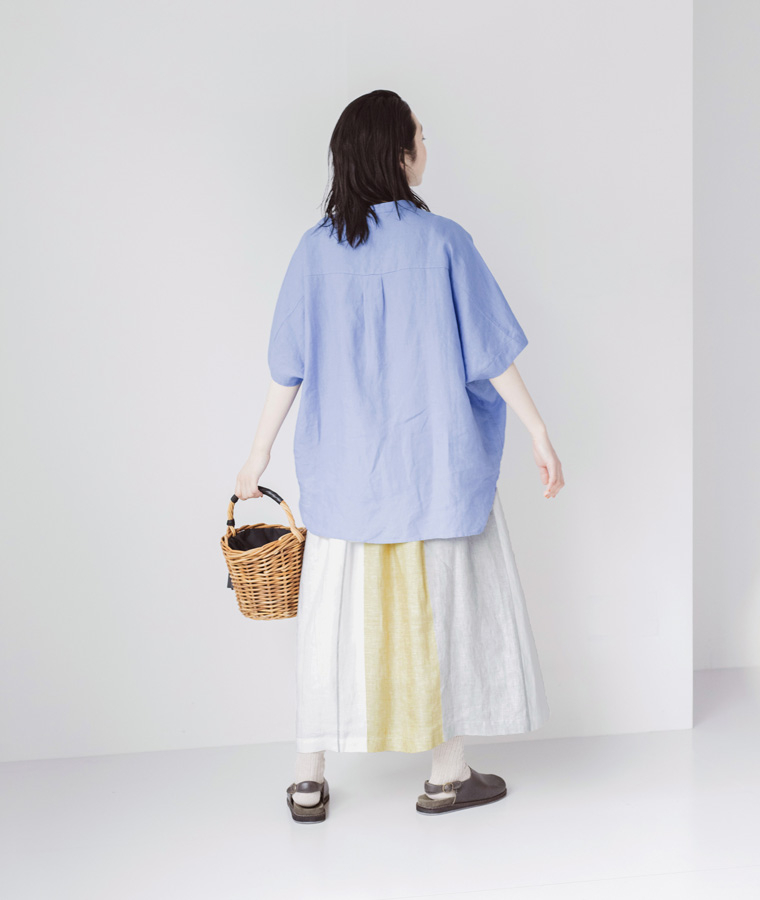 【 blue willow 】リネン平織りヘリンボン パネルストライプスカート / イエロー
