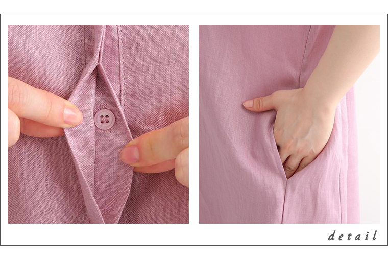 【LUPILIEN】ハイカウントリネンヘンリーネックワンピース（ピンク）の、比翼仕立てのボタンやシームポケットの画像