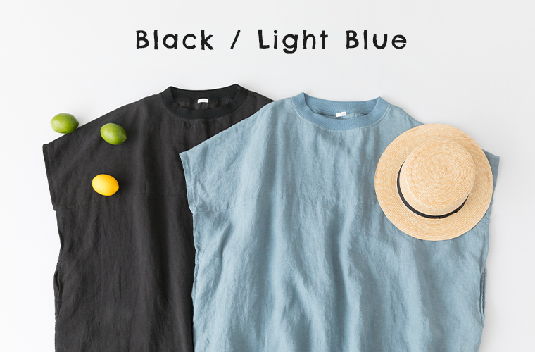 BLISS BUNCH　リネン平織りネックRIBワンピース（ブラック＆ライトブルー）のリブデザインと切替えライン