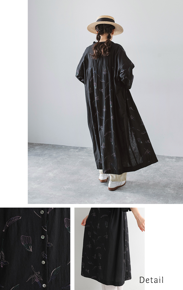 コットンリネン平織り　総柄刺繍　7分袖ワンピース(B・ブラック)の透け感とカラー