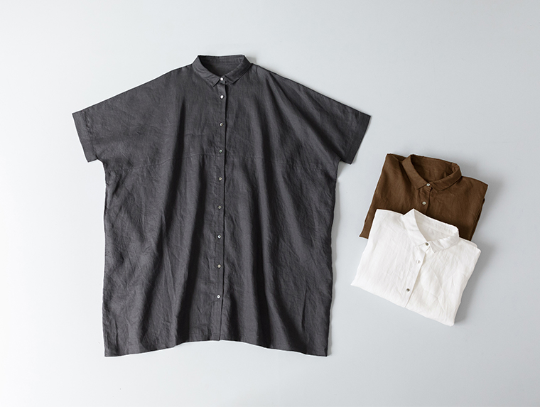 andyarn アンドヤーン リネンを思う存分楽しめるロング丈のシャツチュニック ホワイト、コーヒーブラウン、グレーの3色展開