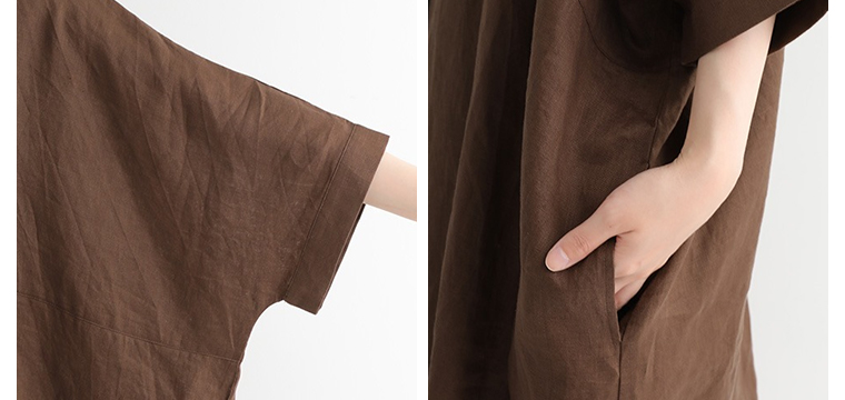 アンドヤーン andyarn スタイル1  コーヒーブラウンで作るシックな大人の装い ポンチョ風袖、ポケットの詳細 平織リネン100％切替入りシャツチュニック