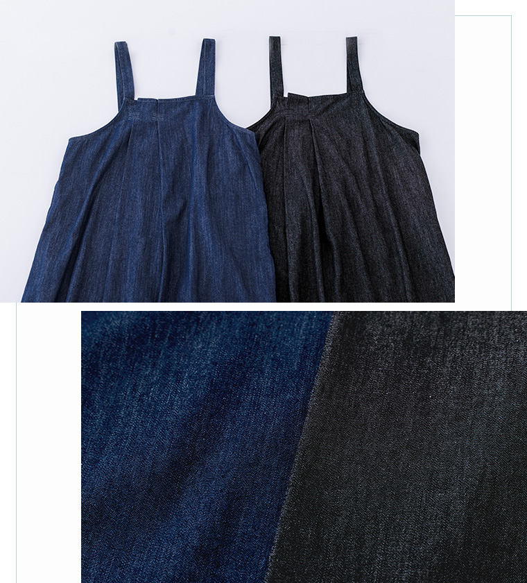 &yarn アンドヤーン コットン100％デニムタックジャンパースカート(A・インディゴ)(B・ブラック)の素材