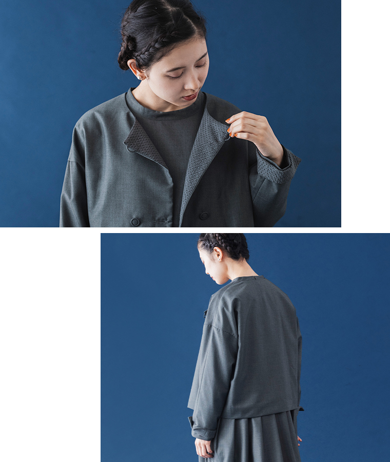 【 s.t.closet frabjous 】ダブルボタンジャケットフォーマルワンピースセット(グレー)　ジャケットの身頃や袖口の裏側にあるハニカム柄刺繍