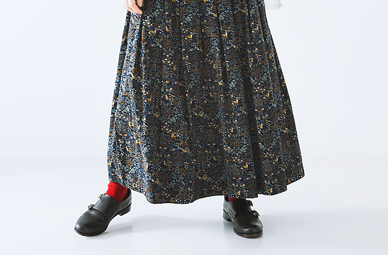 【 ubasoku 】コーデュロイプリント　83丈裏付きタックギャザースカート