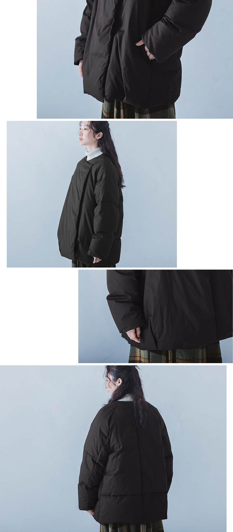 【 TUTIE. 】ハイカウントコットンダウンジャケット（ブラック）　フロントの合わせや、裾や袖のタック、丸みのあるシルエットが分かる画像