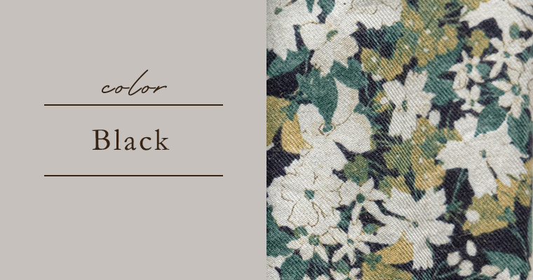 ichi　イチ
ビエラ花柄スカートのブラック生地アップ画像
アンティークのような配色について