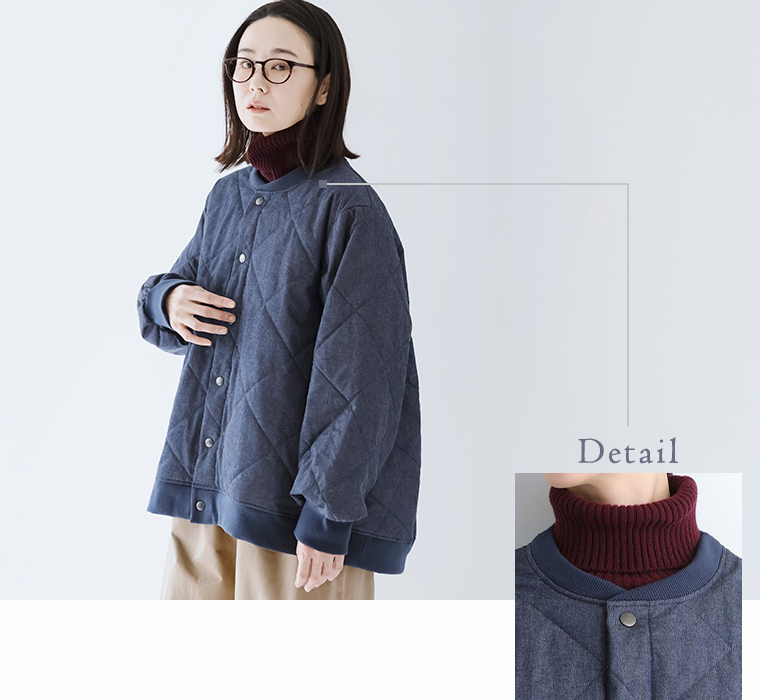 NARU　ナル
デニムキルティング ポットジャケット(インディゴ)
スナップボタンと襟もとのデザインについて