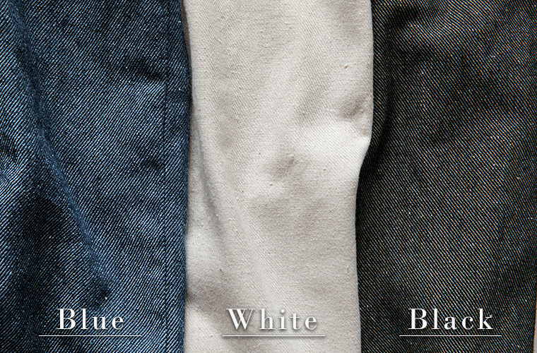 【 08Mab 】コットンリネンデニム　素材の寄りカット　ブルー、ホワイト、ブラックの3色展開