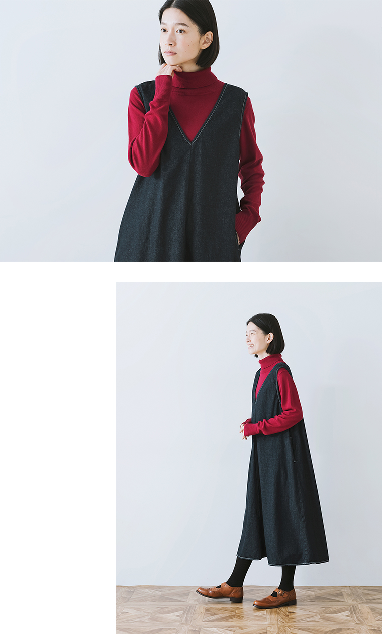 【NARU】8オンスムラデニム　ジャンパースカート(インディゴ)　素材感のわかる寄り画像とサイドスタイル