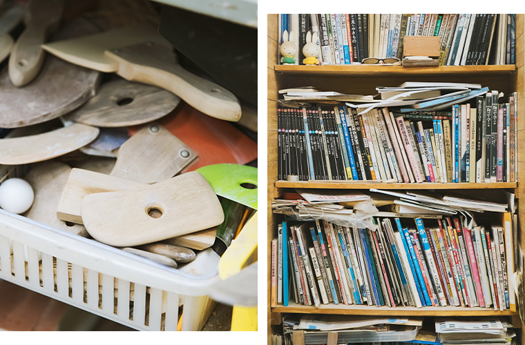 作品づくりに使われる道具や、資料となる図鑑がぎっしり詰まった本棚