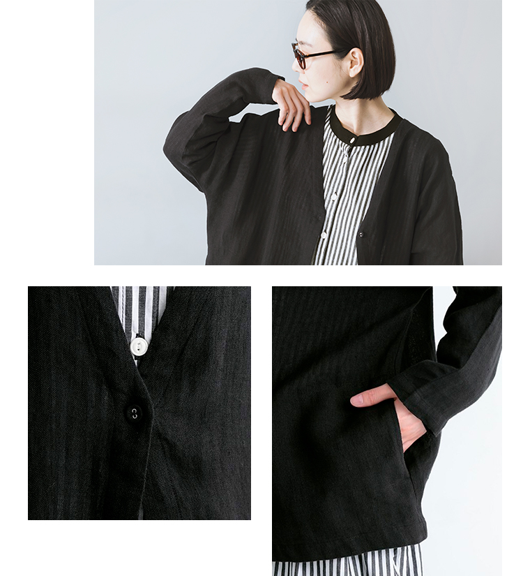 【 YURK 】バルーンシャツカーデ・ブラック／上半アップ画像・ディテール画像