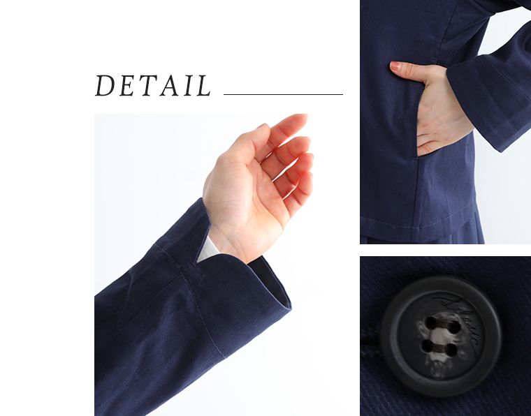 リネン混ノーカラージャケットの袖スリット、ポケット、ボタン詳細 LILASIC リラシク