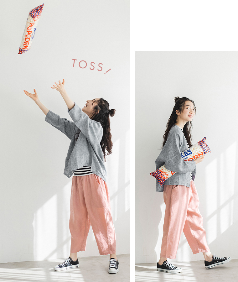 【 ista-ire 】 平織リネン　よくばりパンツ（ピンク）携帯を入れても落ちない縦長の前ポケット