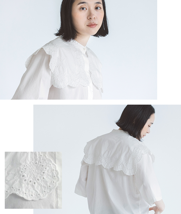【ichi】スカラップ刺繍シャツ(ホワイト)　襟元にに寄った画像