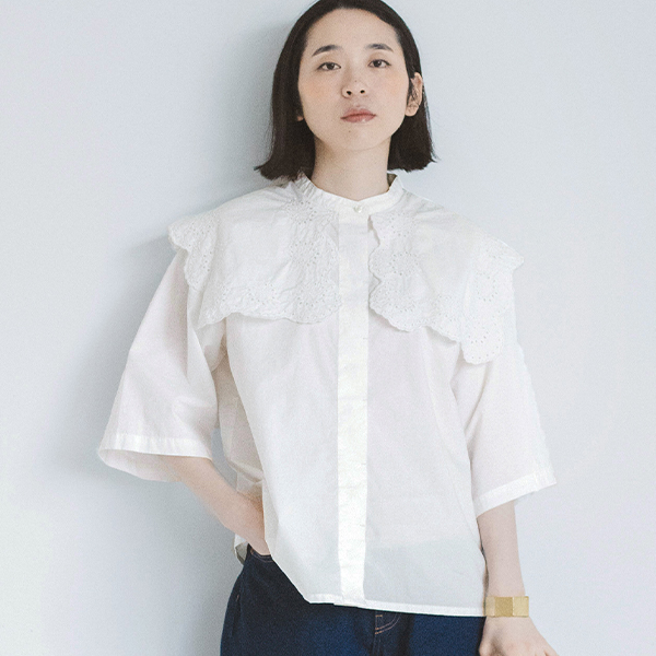 【ichi】スカラップ刺繍シャツ(ホワイト)