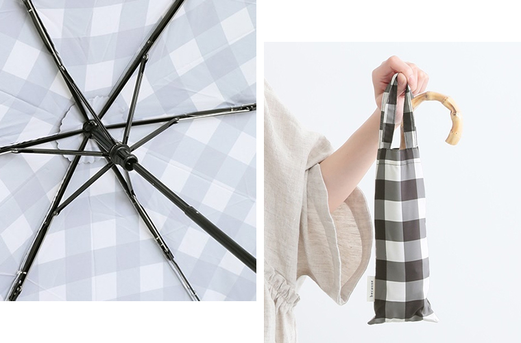 【because】GINGHAM CHECK Mini 晴雨兼用(ブラック)の傘の骨や、裏地、持ち手付きの専用ケースの画像