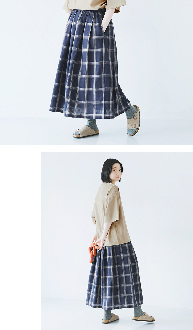 ichi リネンチェック スカート(B・ネイビー)のチェック柄と素材