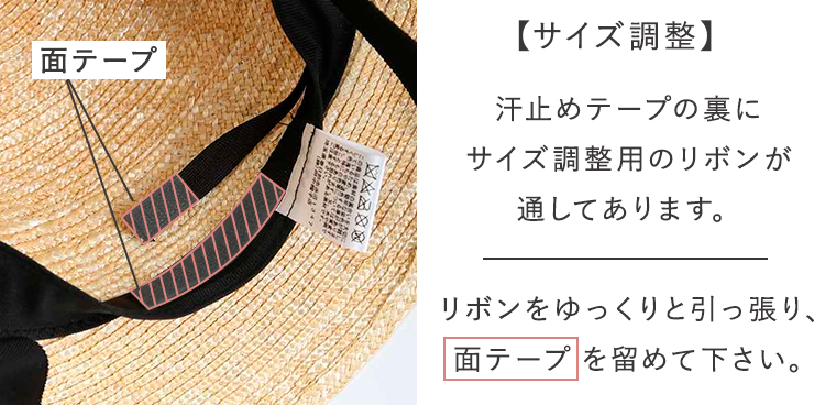 【 田中帽子店 】全帽子共通／サイズ調整機能説明図
