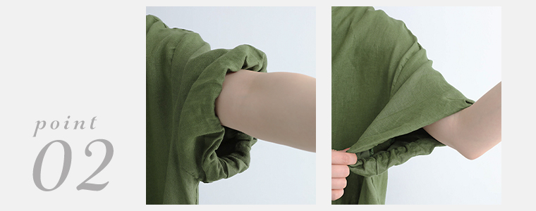 Lupilien 　ルピリアン
【別注】リネン100％ふわり袖ギャザーワンピースのグリーン
詳細画像　ふんわりスリーブ