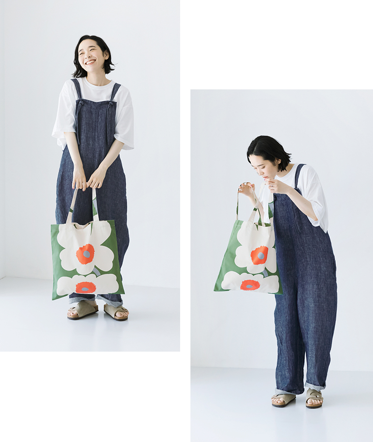 【 marimekko 】Unikko 60th bag(グリーン)／着用全身2パターン