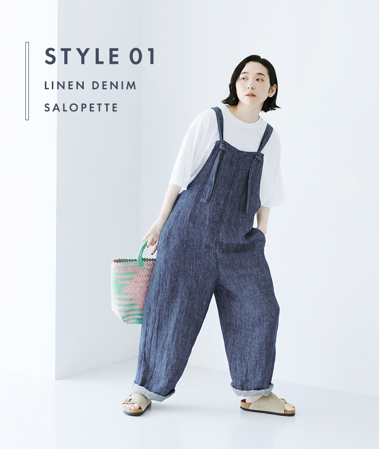 Style01 リネンサロペットとコットンピグメントダイプリントTシャツのカジュアルコーディネート ichi(イチ)