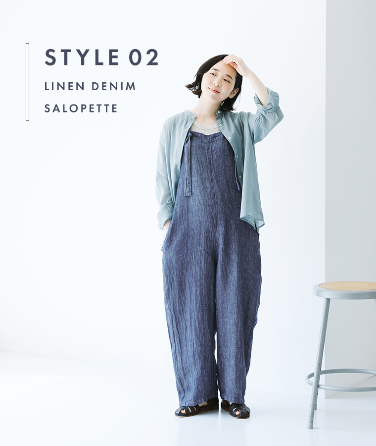 Style02 リネンサロペットとコットンボイルワッシャーシャツ(B・カデットブルー)のコーディネート ichi(イチ)