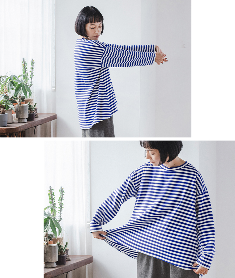 &yarn relax ボーダーフレアTシャツの着こなし