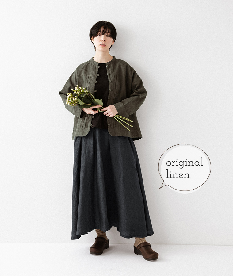 【&yarn】オリジナルベルギーリネンタックサーキュラースカート(A・マキシ丈　チャコールブルー)