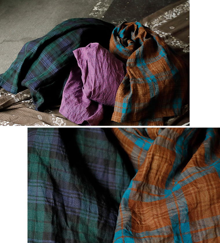 ichi Antiquités リネンチェックシャツワンピース(ブラウン×ブルー)(ブラックウォッチ)とリネンインディゴギンガムスカート(インディゴ×ピンク)の素材
