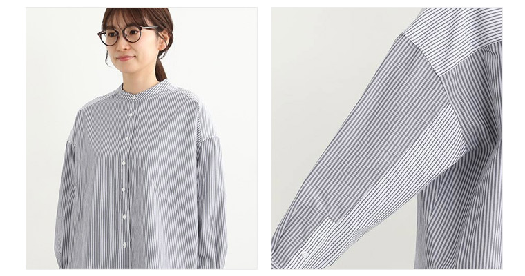 avecmoi 2種類のストライプ切り替えシャツ(ブルー)の詳細画像　前と袖
