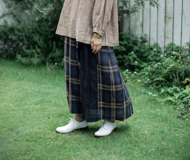 【blue willow】リネン平織りタータンチェック フリンジラップスカート