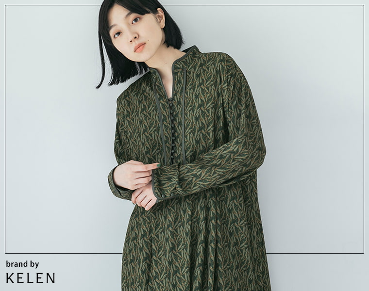〚KELEN〛リーフプリントデザインドレス／グリーン・メイン