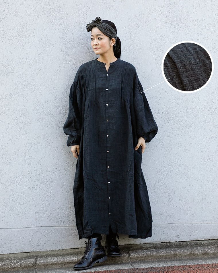 ichi Antiquités 東炊き リネンギンガム ドレス(ブラック)の素材