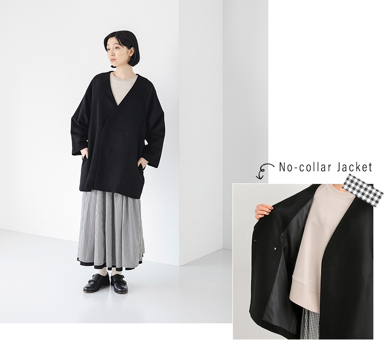 【corail】レーヨンナイロンリバーシブルスカート(ブラック)／ポリエステルウールノーカラージャケット